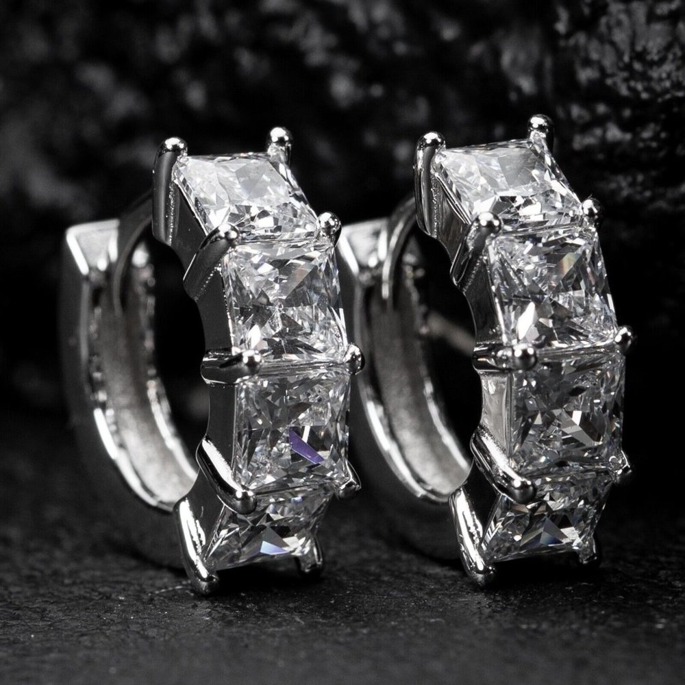 Men Women Princess Cut Cz Stone White Gold 925 Sterling Silver Hoop Earrings
